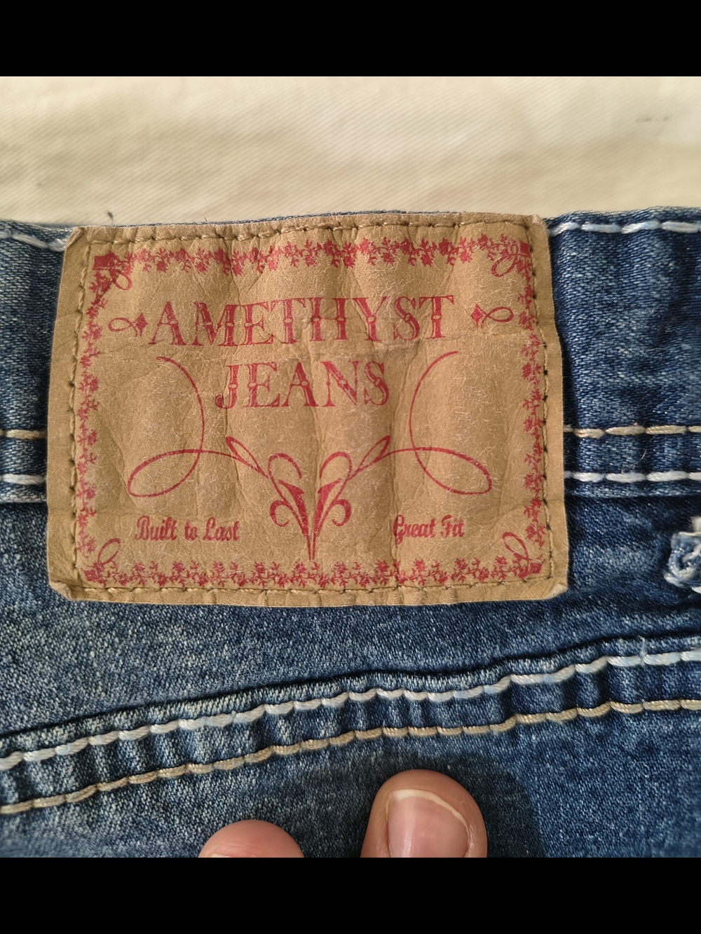 Amethyst Jeans Blue Denim Cutoff Shorts with White Crochet Pocket - Picture 3 of 5
